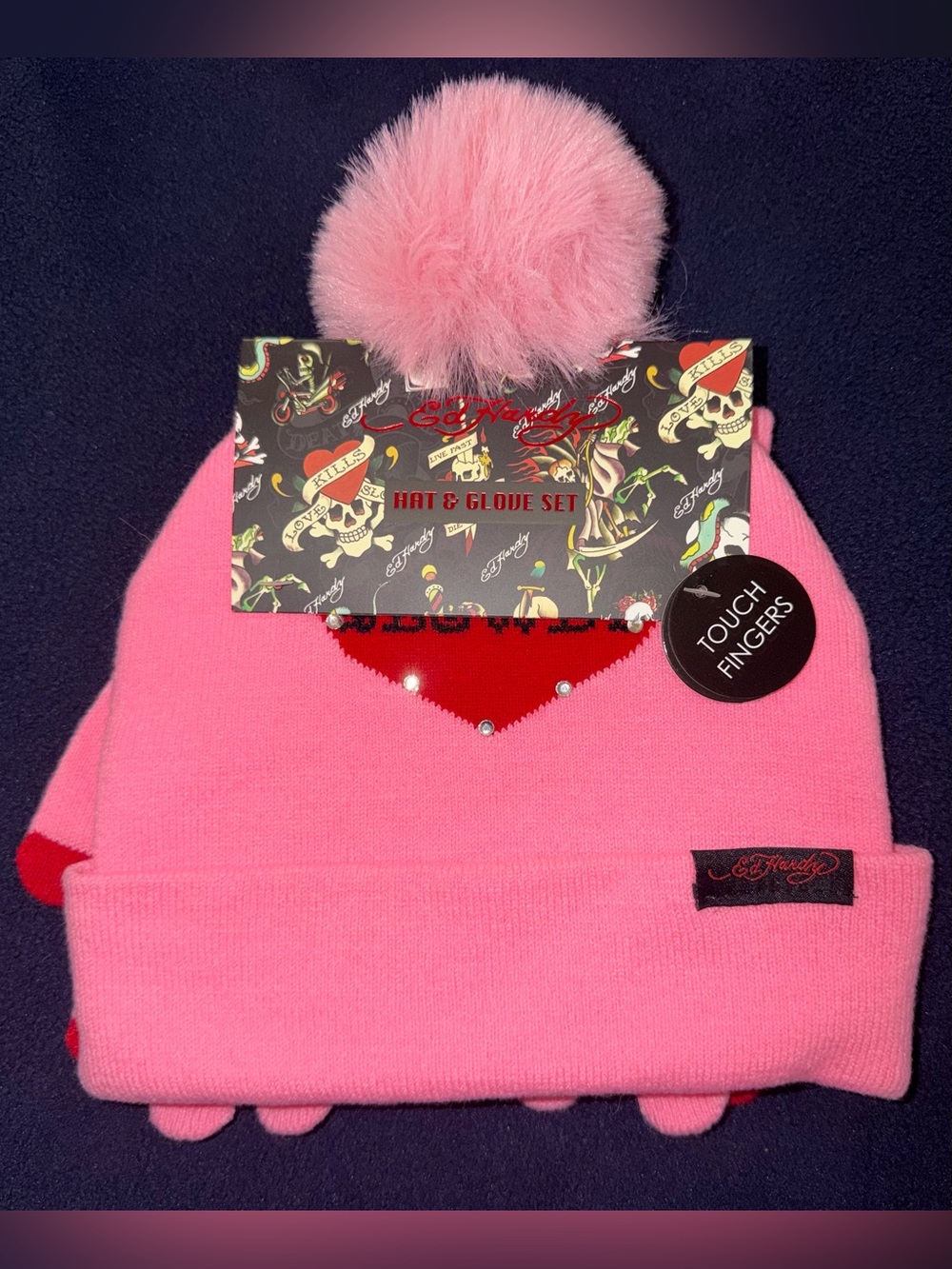 Ed Hardy Pink Pom Pom Hat & Glove Set with Heart Accent